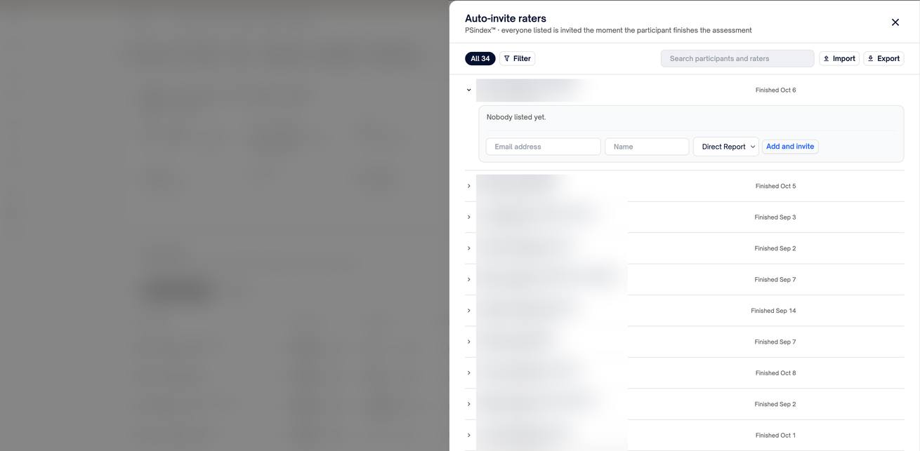 The Auto-invite raters panel, with a participant expanded to add a rater by email address, name, and relationship