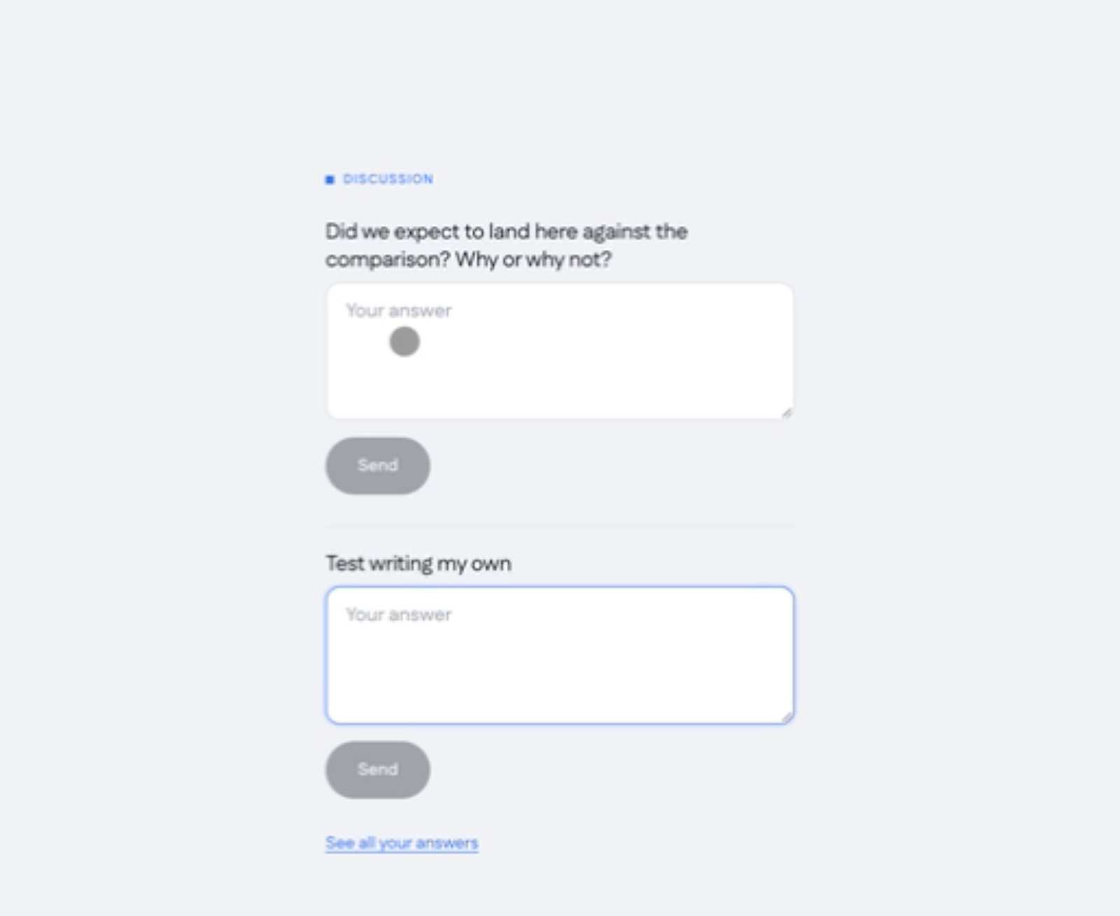 A participant's phone showing a discussion question with an answer box, a Send button, and See all your answers