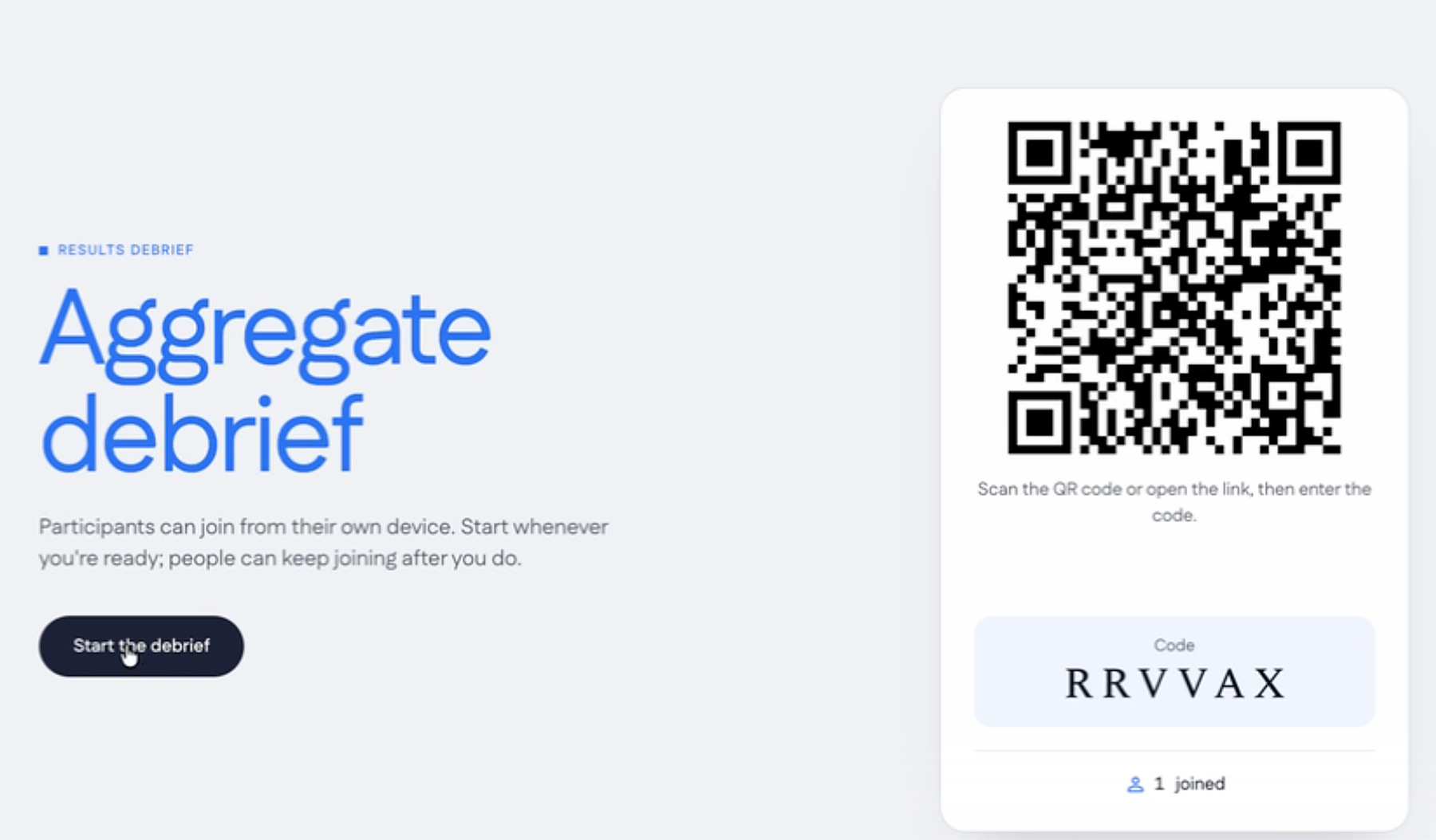 The debrief welcome screen, with Start the debrief, a QR code, a join code, and the number of people joined