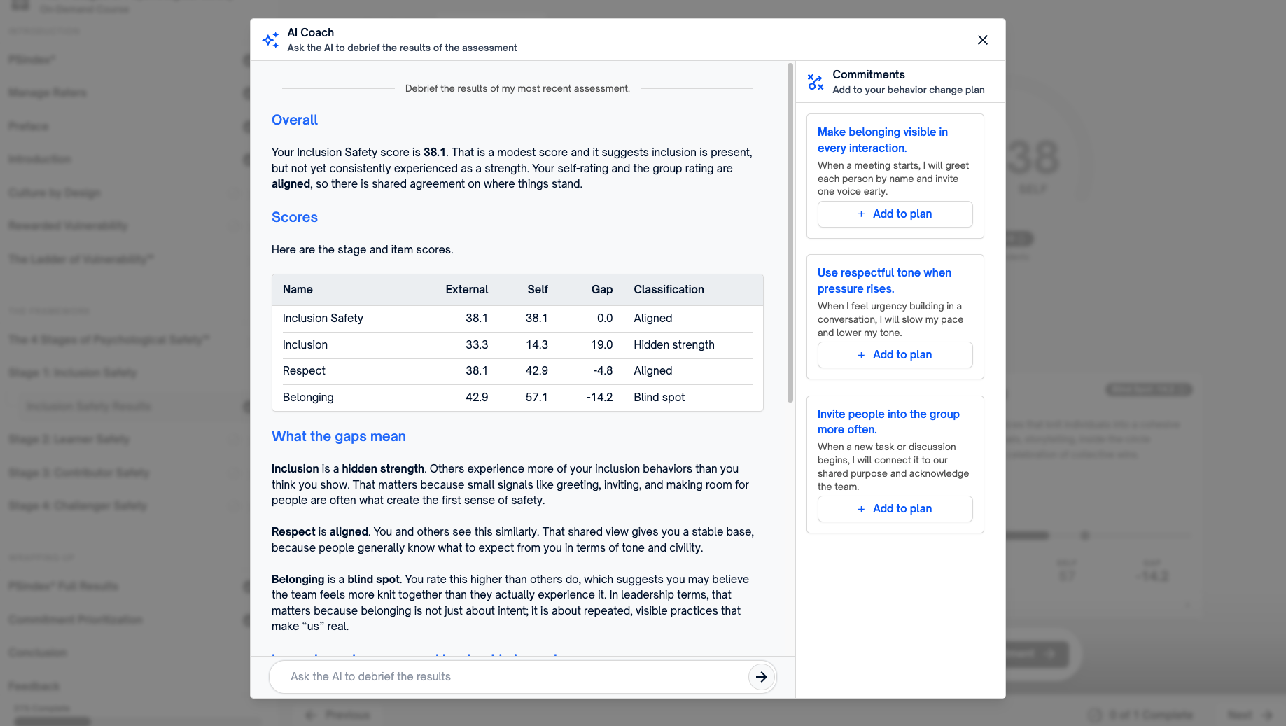The AI Coach on the Inclusion Safety results screen, with an overall read of the score, a table of external, self, and gap figures, gap interpretations, and suggested commitments in the right rail