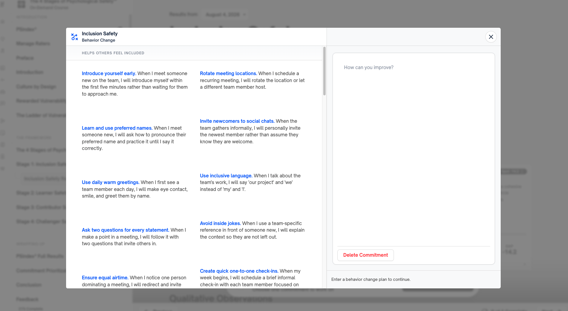 The Choose a commitment dialog for Inclusion Safety, with the commitment library on the left grouped under Helps others feel included, and a free-text field for writing your own on the right