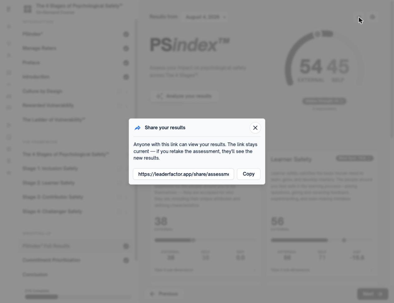 The Share your results dialog, with the live link and a Copy button