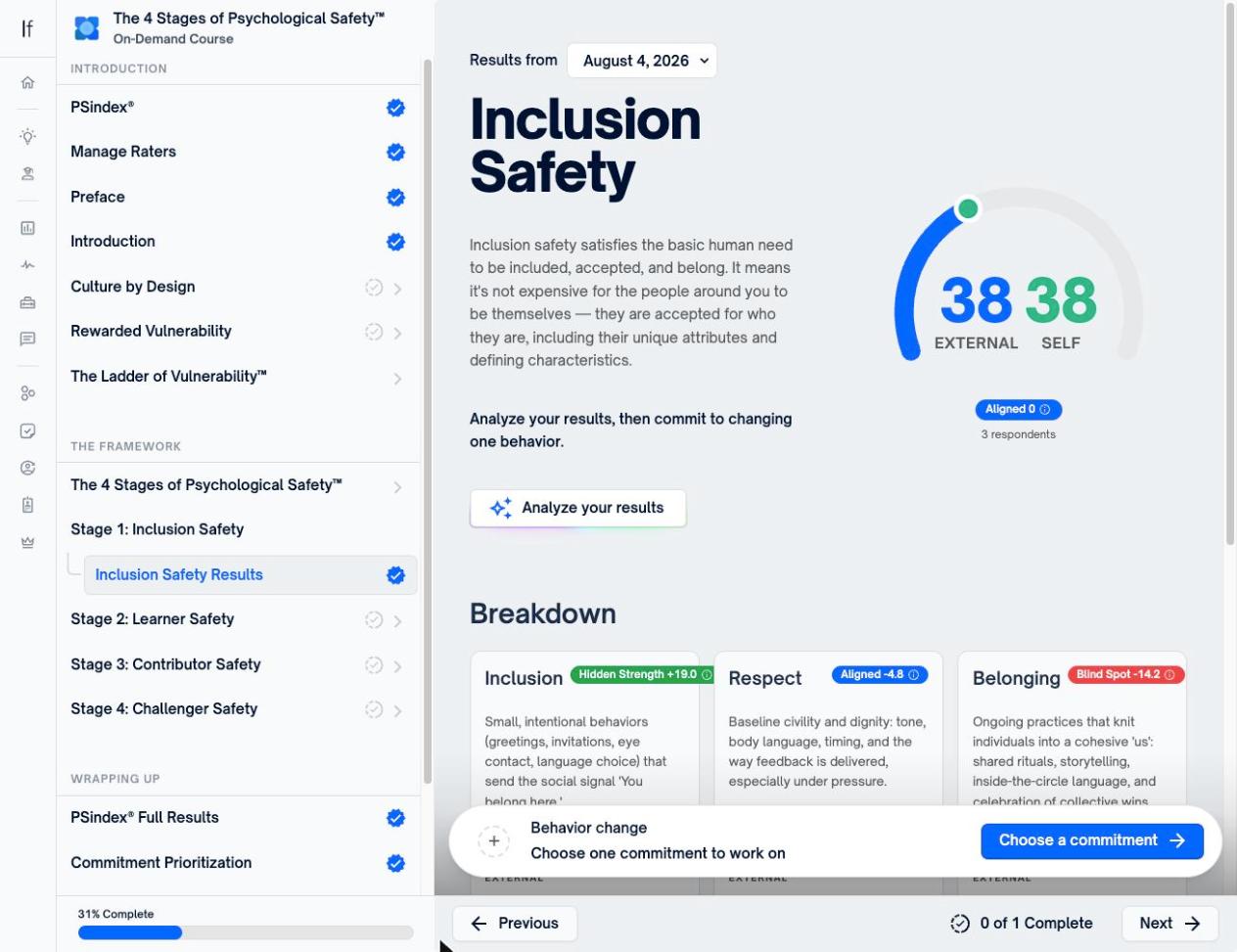 The Inclusion Safety results screen, with the external and self gauge, its Aligned classification, the Analyze your results button, and the Breakdown cards below